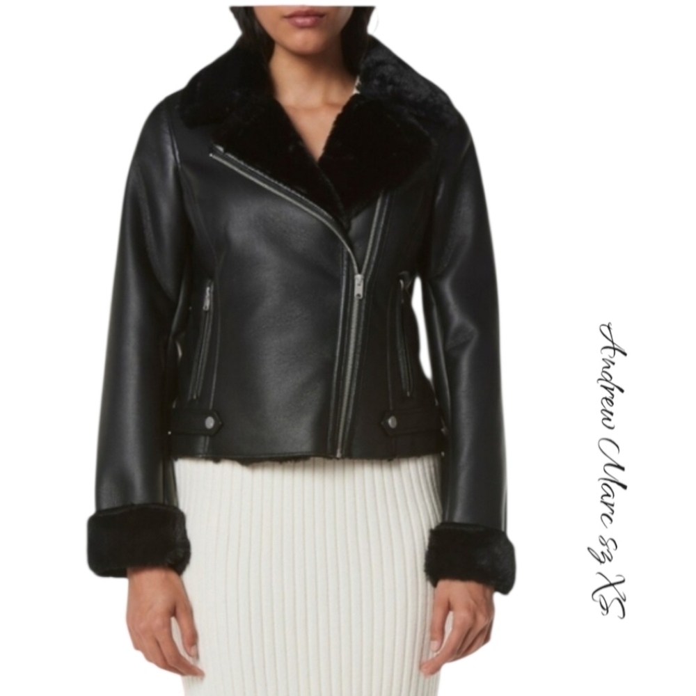 NWT Andrew Marc Black Faux Leather Faux Fur-Trim Moto Jacket XS